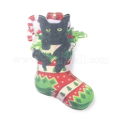 クリスマス猫の形のアクリルペンダント装飾  ナイロンロープと鉄のベル付き  車のバックミラー吊り飾り用  クリスマスソックス  79x44.5x4mm  穴：2.4mm&nbsp;HJEW-E007-01G-05