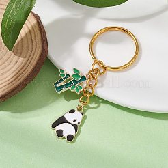 パンダ&竹合金エナメルペンダントキーホルダー  鉄のスプリットキーリング付き  ゴールドカラー  7.15cm&nbsp;KEYC-JKC00629-03
