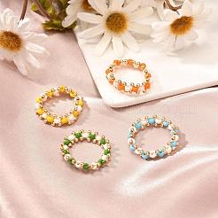 女性のためのガラスシードビーズリング  真鍮ビーズリング  ミックスカラー  usサイズ7 1/4(17.5mm)  4個/セット&nbsp;X1-RJEW-TA00010