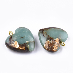 ブロンズ石とアクアテラのジャスパーペンダント  印象ジャスパー  鉄パーツ  ハート  ゴールドカラー  20~22x19~20x5~7mm  穴：2mm&nbsp;X-G-T111-04B
