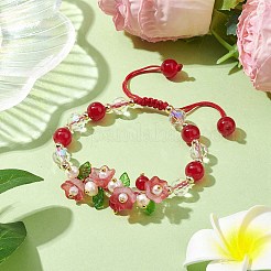 女性用フラワーガラス＆アクリル編みビーズ調節可能ブレスレット  クリムゾン  内径：2~3インチ（5~7.5cm）&nbsp;BJEW-JB10446-03