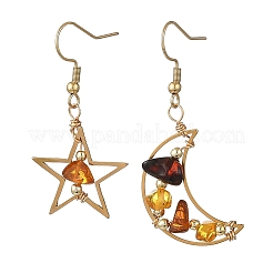 Boucles d'oreilles pendantes étoile et lune en fil d'ambre naturel&nbsp;EJEW-JE07532