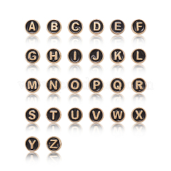 合金エナメルビーズ  ランダムな文字でフラットラウンド  ライトゴールド  ブラック  8x3.5mm  穴：1.4mm  50個/箱&nbsp;ENAM-CJ0001-23