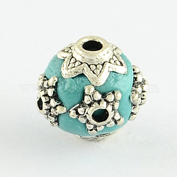 Round Handmade Indonesia Beads, with Alloy Antique Silver Metal Color Cores, Medium Turquoise, 11x11mm, Hole: 2mm