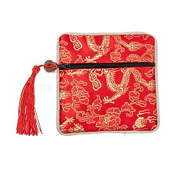 Bolsa de regalo de bolsa de joyería con cremallera de borla de brocado chino, cuadrado con diseño de flores, rojo, 11.5~11.8x11.5~11.8x0.4~0.5 cm