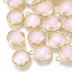 Glass Charms, with Brass Findings, Imitation Jade, Faceted, Flat Round with Heart, Golden, Pink, 14x11.5x4.5mm, Hole: 1.5mm