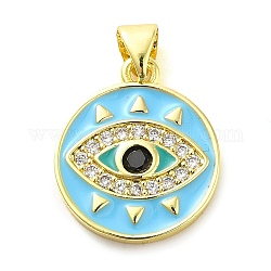 Real 18K Gold Plated Brass Clear Cubic Zirconia Pendants, with Enamel and Glass, Flat Round with Evil Eye, Light Sky Blue, 19x16x2.5mm, Hole: 5x3.5mm