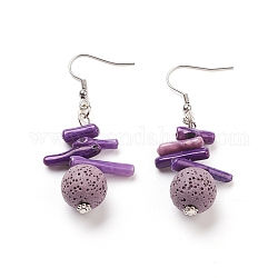 Natural Lava Rock Dangle Earrings, with Synthetic Gemstones, Alloy Spacer Beads and Stainless Steel Earring Hooks, Round, Thistle, 55~56mm, Pin: 0.7mm