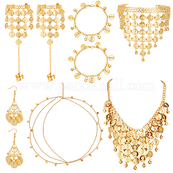 ANATTASOUL Alloy Flat Round Charms Cluster Bib Necklace & Ring Bracelet & Dangle Earrings & Headwears & Anklets, Bell & Coin Charms Jewelry Set, Golden, 20.47 inch(520mm), 2 inch(5.1cm), 78mm, Pin: 0.6mm, 9-7/8 inch(25.2cm)