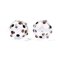 Transparent Glass Enamel Beads, Round with Spot Pattern, Saddle Brown, 13.5~15x14mm, Hole: 2~2.5mm