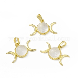 Natural Quartz Crystal Pendants, Rock Crystal Pendants, Triple Moon Charms, with Golden Tone Rack Plating Brass Findings, Cadmium Free & Lead Free, 15x26x7mm, Hole: 6.5x4mm