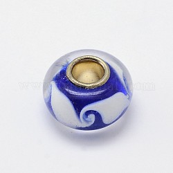 Handmade Lampwork Large Hole Rondelle European Beads, with Double Silver Color Brass Cores, Blue, 14x8mm, Hole: 4mm
