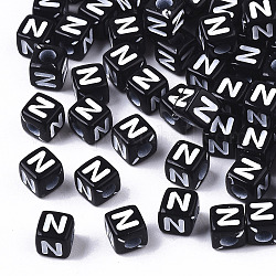 Opake Legierung Perlen, horizontales Loch, Alphabet-Stil, Würfel, black & white, letter.n, 5x5x5 mm, Bohrung: 2 mm, ca. 500 Stk. / 50 g