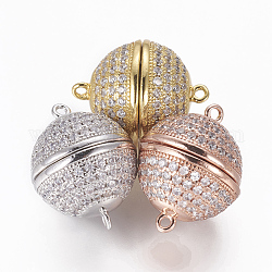 Brass Micro Pave Cubic Zirconia Magnetic Clasps with Loops, Round, Clear, Mixed Color, 21.5~22x17mm, Hole: 1.4mm