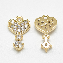 Brass Charms, with Cubic Zirconia, Key with Heart, Clear, Real 18K Gold Plated, 15x8.5x2.5mm, Hole: 1mm