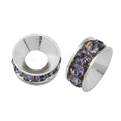 Perline distanziatori strass in ottone, grado a, rondelle, colore argento placcato, viola, 10x4.2mm, Foro: 5.2~5.7 mm