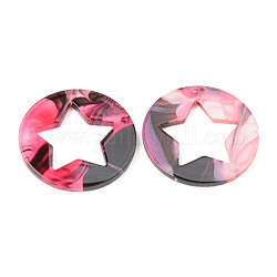 Colgantes de acrílico, plano y redondo con estrella, color de rosa caliente, 32x2.5mm, agujero: 1.5 mm