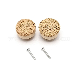 Wood Box Handles & Knobs, Cover with Rattans, Flat Round, BurlyWood, 4x3cm, Hole: 3.5mm, 2pcs/set