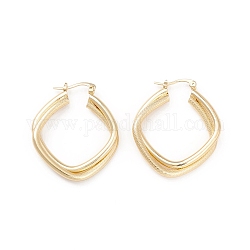Textured Double Rhombus Brass Huggie Hoop Earrings for Women , Real 18K Gold Plated, 38x34x6mm, Pin: 0.4mm