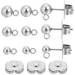 Beebeecraft 90Pcs 3 Style 304 Stainless Steel Ball Post Stud Earring Findings, with Loops and 316 Surgical Stainless Steel Pin, 100Pcs 304 Stainless Steel Ear Nuts, Stainless Steel Color, 15~17x7~9x4~6mm, Hole: 1.8mm, Pin: 0.7~0.8mm, 30Pcs/style