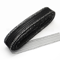 Mesh Ribbon, Plastic Net Thread Cord, with Silver Metallic Cord, Black, 7cm, 25yards/bundle