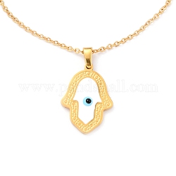 304 Stainless Steel Hamsa Hand with Evil Eye Pendant Necklaces, with Enamel and Cable Chains, Golden, 44.3cm