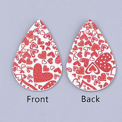 Pu-Leder große Anhänger, Träne, mit Herz-Muster, für Valentinstag Schmuckherstellung, rot, 56x37x1.5 mm, Bohrung: 1.2 mm