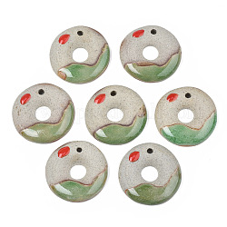 Pendentifs en porcelaine fait à la main, famille rose de style, donut, vert clair, 39~40x38~40x6~7mm, Trou: 3mm