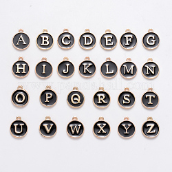 Буквица a ~ z алфавит эмалевые брелоки, плоские круглые диски двусторонние брелоки, позолоченные эмалированные подвески из сплава с пайетками, чёрные, 14x12x2 мм, отверстие : 1.5 мм, 26 шт / комплект