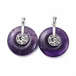 Natural Amethyst Pendants, with Platinum Tone Brass Findings, Donut/Pi Disc with Aum/Om Symbol, 35.5x30x8.5~9.5mm, Hole: 4.5x6.5mm