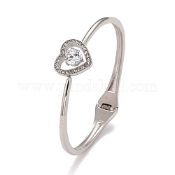 Crystal Rhinestone Heart Cuff Bangle, Hinged Open Bangle for Women, Stainless Steel Color, Inner Diameter: 2-1/4 inch(5.6cm)