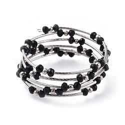 Five Loops Fashion Wrap Bracelets, with Rondelle Glass Beads, Iron Spacer Beads, Brass Tube Beads and Steel Memory Wire, Platinum, Black, 2 inch(5.2cm)