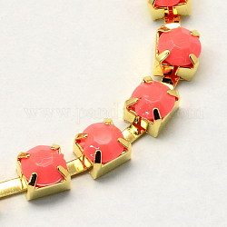 Golden Tone Iron Acrylic Claw Chains, Acrylic Rhinestone Cup Chains, Light Coral, 8mm, about 42.65 Feet(13m)/bundle