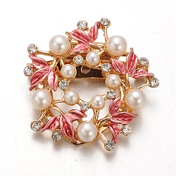 Alloy Rhinestone Leaf Safety Brooches, with Acrylic Pearls, Hot Pink, 39mm, Pin: 1mm
