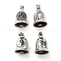 Tibetan Style 304 Stainless Steel Pendants, Guardian Bell Charm, Antique Silver, Praying Hands/Skull/Trinity Knot/Yin Yang Pattern, Mixed Patterns, 35x26mm, Hole: 9x6mm