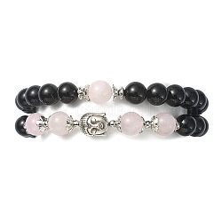 Natürliche schwarze Onyx-Perlenarmbänder für Damen, mit natürlichen Rosenquarzperlen und Buddha-Perlen aus Legierung, Innendurchmesser: 2-1/8 Zoll (5.5 cm)