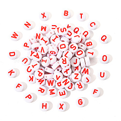 Undurchsichtige weiße Acrylperlen, mit Emaille, horizontales Loch, flach rund mit dem Anfangsbuchstaben, rot, 9.5x4.5 mm, Bohrung: 2 mm, 100 Stück / Set