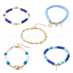 5Pcs 5 Style Handmade Polymer Clay Stretch & Brass Beaded & Alloy Link Chain Bracelets Set, with Millefiori Glass Beads and Pearl Beads, Brass Charm, Cross & Evil Eye, Blue, Inner Diameter: 2.09 inch(53mm)~2-5/8 inch(6.8cm), 5Pcs/set