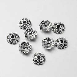 Tibetischen Stil Legierung Blume Perlenkappen, Antik Silber Farbe, 7x7x2 mm, Bohrung: 1.5 mm