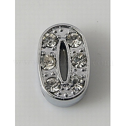 Platinum Alloy Rhinestone Number Slide Charms, Number 0, 11~12x4.5~7.5x5mm, Hole: 7x1mm