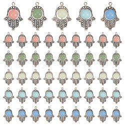 Pandahall elite 50pcs 5 couleurs pendentifs en pierre lumineuse synthétique, avec des cadres de perles en alliage de style tibétain et des épingles à tête plate en fer, brillent dans le noir, mains Hamsa, argent antique et platine, couleur mixte, 26x17x8mm, Trou: 2.6mm, 10 pcs / couleur