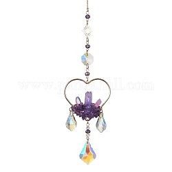 Natural Amethyst Wrapped Heart Hanging Ornaments, Leaf Glass Tassel Suncatchers for Home Outdoor Decoration, 282~288x54mm