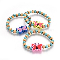 Деревянные бусы детские эластичные браслеты, с синтетическими бирюзовый, бабочка, разноцветные, 1-5/8 дюйм (4.2 см)