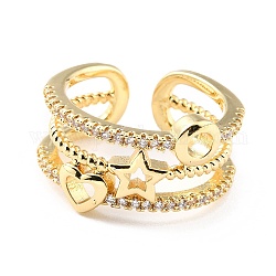 Latón micro pave anillos de brazalete de circonio cúbico, anillos abiertos, ronda y mirada y corazón, real 18k chapado en oro, Claro, nosotros tamaño 6 (16.5 mm), 8.5~12mm
