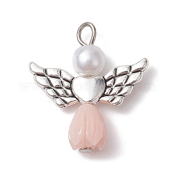 Colgantes de resina imitación perla, Dijes de ángel rosa con alas de corazón de aleación chapada en plata antigua, blanco, 23.5~24x21.5x7mm, agujero: 1.8~2.2 mm