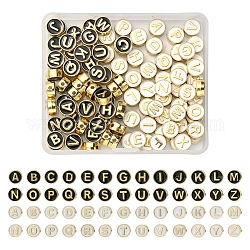 104pcs 52 Stillegierungs-Emaille-Perlen, cadmiumfrei und bleifrei, Licht Gold, flach rund mit Alphabet, Buchstabe a ~ z, 8x4 mm, Bohrung: 1.5 mm, 2pcs / style