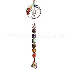 Chakra Theme Big Pendant Decorations, Hand Knitting with Owl Charm, Natural Gemstone Beads and Stone Chips Tassel, Flat Round with Tree of Life, Silver Color Plated, 35cm