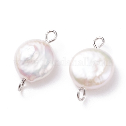 Ciondoli connettore perla keshi perla barocca naturale, perla d'acqua dolce coltivata, con 304 doppio passante in acciaio inox, rotondo e piatto, bianco floreale, colore acciaio inossidabile, 19.5x11.5x4.5~5.5mm, Foro: 1.8~2 mm