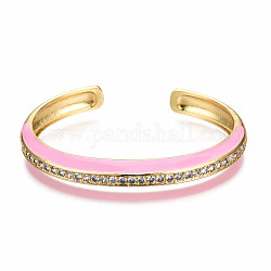 Bracciale in ottone con micro pavé di zirconi trasparenti, con smalto, nichel libero, vero placcato oro 16k, perla rosa, diametro interno: 2-3/8 x1-7/8 pollice (5.9x4.7 cm)