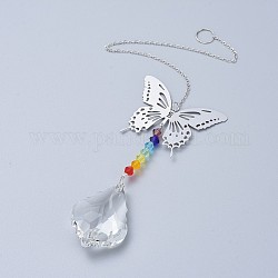 Cristal lustre suncatchers prismes chakra pendentif suspendu, avec des chaînes de câble de fer, perles de verre et pendentifs en laiton, papillon avec larme, clair, 335mm